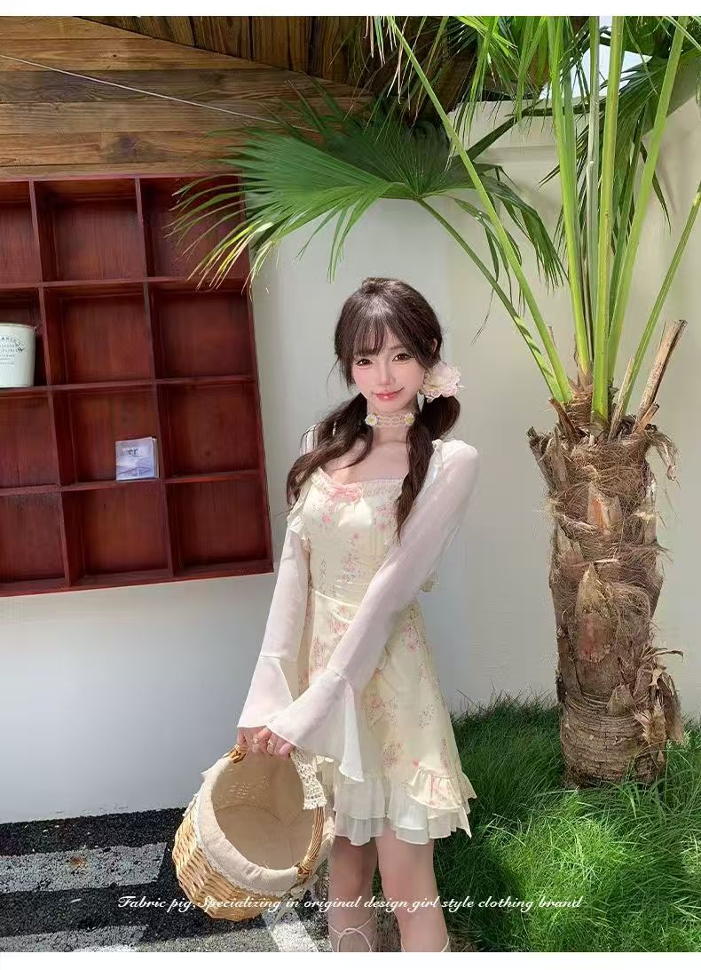 직물 돼지 천 골드 엄마 De 린 달콤한 스타일 꽃무늬 슬립 여성 드레스 여름 프릴 트임 허리 수축 미니 스커트