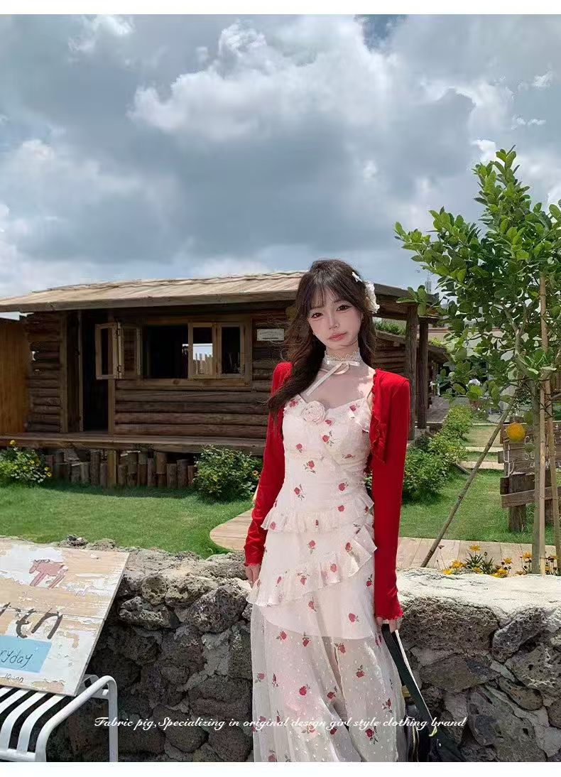 직물 돼지 하트 비트 장미 순수한 욕망 바람 장미 꽃무늬 슬립 여성 드레스 여름 휴가 불규칙 롱 스커트