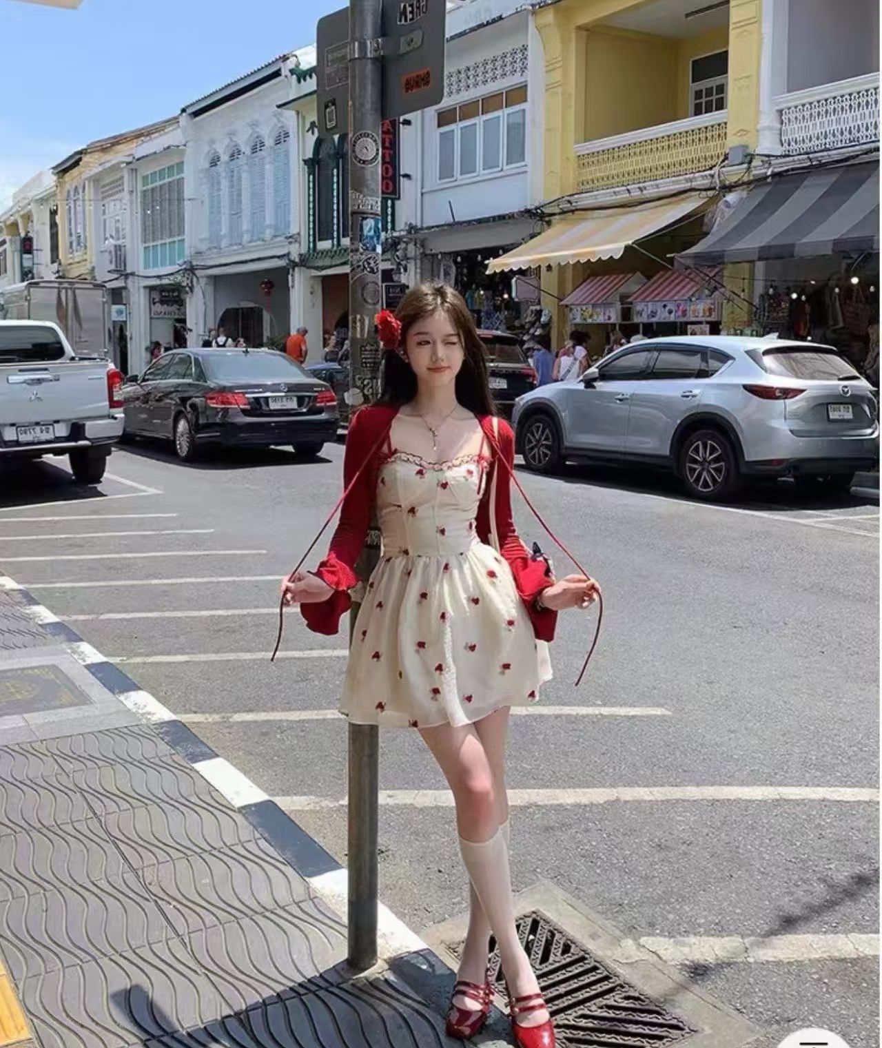 acaine 빨간색 프린트 허리 수축 슬립 여성 드레스 여름 슬림해 보이는 A라인 스커트 프랑스식 작은 키 치마