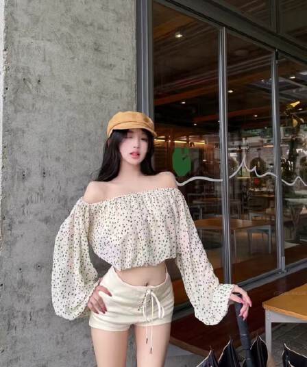 패션 세트 프랑스식 도트 무늬 오프숄더 긴팔 여성 셔츠 가을 레이스업 캐주얼 바지 반바지 핫 바지 투피스 세트
