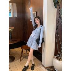 批发JAMUUS奶蓝色坑条蝴蝶结针织开衫女<b class='q'>喇叭袖</b>甜美显瘦百褶短裙套装