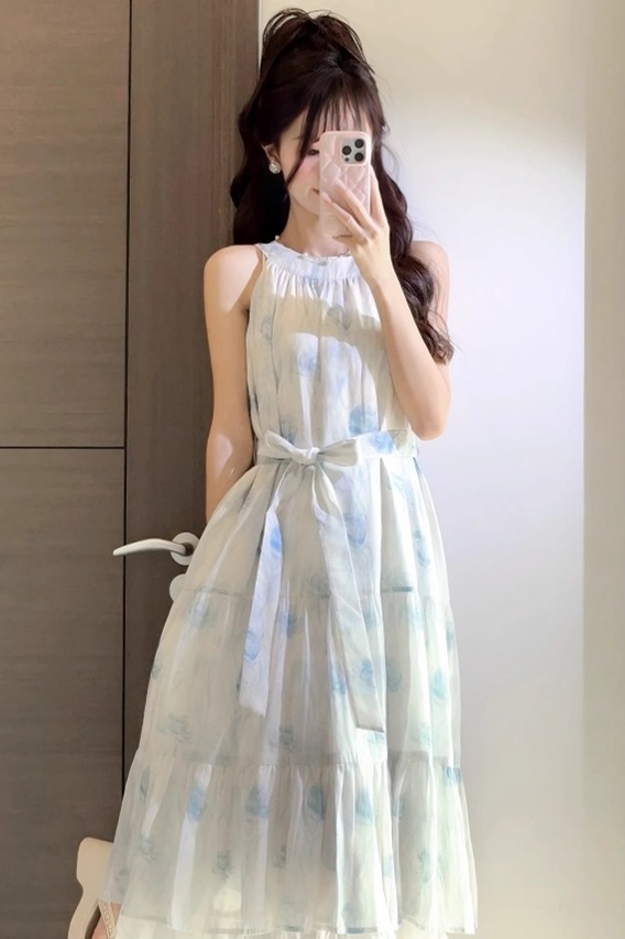 봄날 캡처 달 드레스 달콤함 부드러운 빅 플레어 스커트 행침 목 롱 스커트 휴가 하얀 달빛 슈퍼 요정 민소매 미니멀리즘 치마