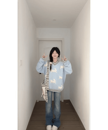 학원 스타일 토끼 자카드 꽈배기 V넥 패치워크 스웨터 여자 가을과 겨울 루즈핏 슬림해 보이는 니트 스웨터 재킷 맨위