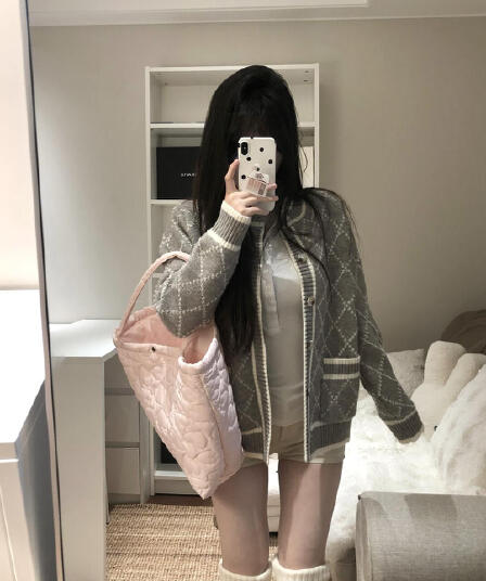 한 부서 학원 스타일 회색 링 그리드 스웨터 여성 코트 봄 작은 키 중간 길이 루즈핏 슬림해 보이는 니트 오픈 가디건