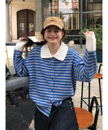 작은 샤넬 스타일 스트라이프 POLO 칼라 긴팔 스웨터 니트 스웨터 여성 조기 가을 느긋한 느슨함 센스 착용 가져 가라. 재킷 맨위