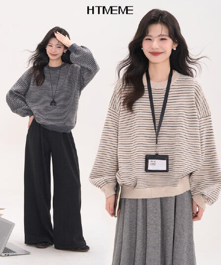 루즈핏 스트라이프 라운드 넥 니트 스웨터 여자 가을 캐주얼 후드티 블라우스