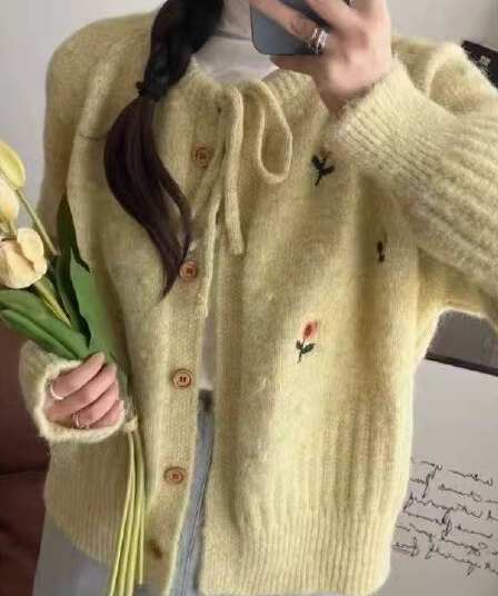 달콤함 문예 바람 자수 꽃 니트 오픈 가디건 여성 가을 겨울 쇼트 스타일 나비 넥타이 라운드 넥 루즈핏 재킷