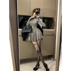 批发有货 纯欲辣妹高领百搭长袖<b class='q'>连衣裙</b>新款收腰<b class='q'>蓬蓬裙</b>显瘦打底裙短裙