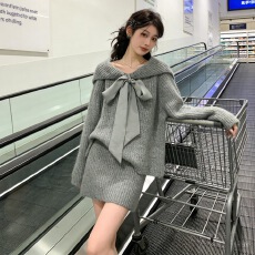 批发已出货 法式甜美慵懒风针织毛衣短裙两件套新款小个子氛围感套装