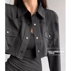 批发短款薄外套女春季小衫工装夹克衬衫女高腰露脐长袖翻领口袋<b class='q'>小西装</b>