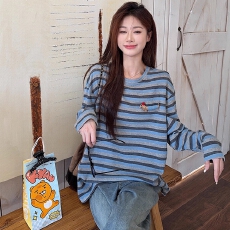 原版做法设计感撞色条纹气质圆领长袖T恤