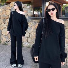 批发华棉刷毛 薄款/加绒  斜肩卫衣女微喇叭长裤两件套装