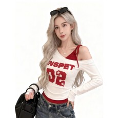 批发港味御姐红色拼接假两件斜领露肩<b class='q'>长袖</b><b class='q'>t</b><b class='q'>恤</b>女美式辣妹别致印花春