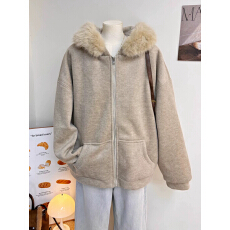 批发甜美复古毛领连帽加绒加厚毛呢卫衣<b class='q'>外套</b>女装冬季新款宽松呢子<b class='q'>上衣</b>