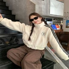 批发秋冬新款三条杠美式羊羔毛棒球服外套女冬加绒加厚<b class='q'>夹克</b>短上衣