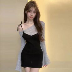 批发<b class='q'>韩国</b>东大门秋冬新款气质假两件斜领露肩拼接修身包臀御姐<b class='q'>连衣裙</b>女