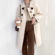 批发牛角扣毛呢外套女<b class='q'>中长款</b>秋冬韩版学院风加厚呢子大衣