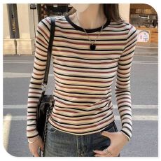 批发韩系撞色圆领条纹长袖t恤女春秋季正肩修身