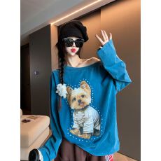 批发美式趣味小狗圆领<b class='q'>卫衣</b>女秋新款宽松百搭潮流无帽套头长袖