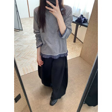 批发韩系小众设计感<b class='q'>条纹</b>蕾丝拼接花边欧韩休闲下摆女春新款