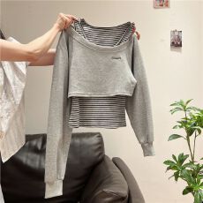 批发花灰色斜肩长袖<b class='q'>短款</b><b class='q'>卫衣</b>女2025秋冬季设计感条纹背心两件套上衣