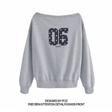 批发美式辣妹印花斜肩卫衣女时尚性感慵懒宽松上衣