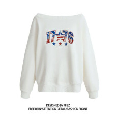 批发美式辣妹印花斜肩卫衣女时尚性感慵懒宽松上衣