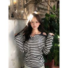 批发甜辣风条纹一字肩长袖t恤女春秋新款假两件修身显瘦慵懒上衣