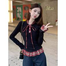 批发格子<b class='q'>衬衫</b>拼接长袖2026春秋新款设计感小众假两件复古百搭打底上衣