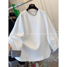 批发特大码300斤假两件长袖T恤女春秋季宽松韩系上衣