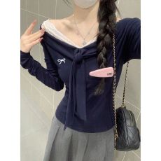 批发260克<b class='q'>莫代尔</b>纯欲风蕾丝拼接绑带刺绣长袖<b class='q'>T</b><b class='q'>恤</b>秋季收腰显瘦百搭上衣