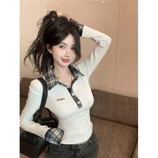 批发polo领格子假两件长袖t恤女春秋冬舒肤绒打底衫内搭<b class='q'>修身</b>上衣