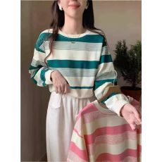 批发涤鱼鳞 短款条纹圆领<b class='q'>卫衣</b>女秋季新款宽松薄款