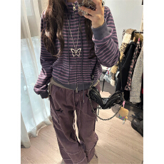 批发米尼刷毛条纹紫灰条纹轻亚风立领短款外套拉链<b class='q'>卫衣</b>夹克上衣女