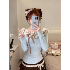 批发螺纹德绒毛领一字肩长袖t恤欧韩女秋冬修身蝴蝶结上衣