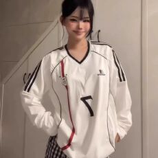 美式运动t恤女早春织带v领撞色拼接长袖oversize宽松休闲情侣上衣