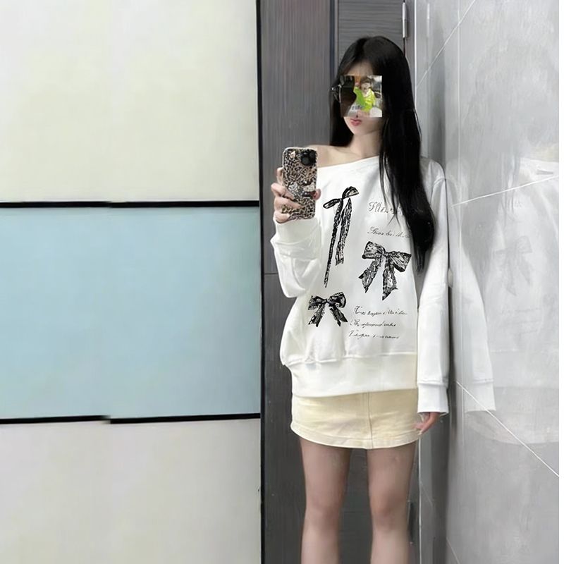 아메리칸 레트로 프린트 비스듬한 어깨 후드티 여성 봄 가을 루즈핏 맨위