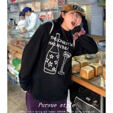 批发高质量韩版纯棉精梳精密印花春秋季宽松<b class='q'>长袖</b><b class='q'>T</b><b class='q'>恤</b>女