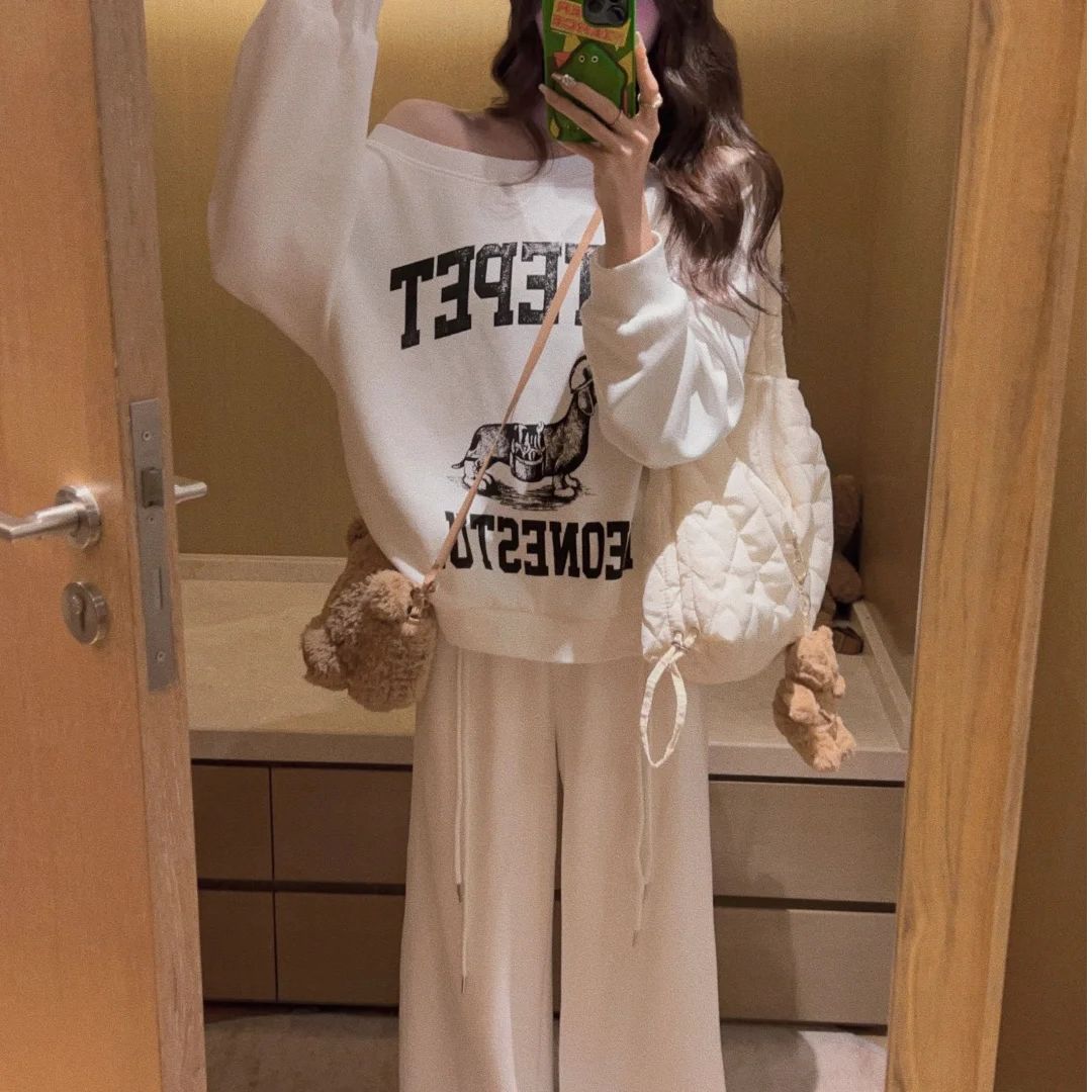 아메리칸 핫걸 프린트 비스듬한 어깨 후드티 여성 봄 가을 루즈핏 맨위