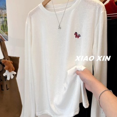 刺绣小红马薄款雪花棉百搭宽松白色长袖T恤打底衫女上衣