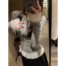 批发韩系时尚下摆木耳边拼接长袖T恤女<b class='q'>甜美</b>芭蕾风花边打底上衣女