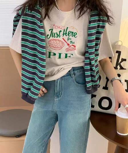 21 순면 210 그램 빗질하다 닫기 라운드 넥 프린트 반팔 t