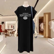 批发韩系慵懒风休闲T恤设计感中长款过膝<b class='q'>连衣裙</b>飞飞袖