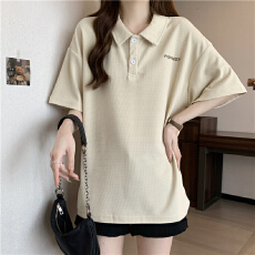 批发实拍华夫格POLO领短袖T恤女夏装宽松半袖<b class='q'>体恤衫</b> 韩系chic别致上衣