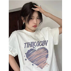 100%纯棉原版外贸夏装慵懒宽松字母卡通印花短袖T恤女