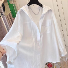 批发法式肌理感白色蕾丝连帽衬衫女夏季薄款<b class='q'>长袖</b>衬衣慵懒宽松防晒上衣