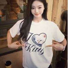 21支纯棉230克100%棉精梳紧密圆领印花短袖t恤女