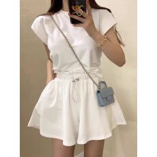 批发韩国chic夏季小众气质后开叉绑带短袖T恤上衣+抽绳阔腿<b class='q'>短裤</b>两件套