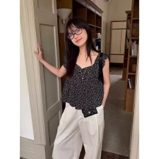 批发皱皱格欧韩时尚设计温柔减龄俏皮复古<b class='q'>小</b>碎花韩系系带新款上衣女