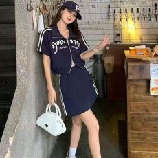 批发爆款流行2026夏新款显瘦<b class='q'>运动</b>风休闲半裙两件套蓝色短袖时髦套装女